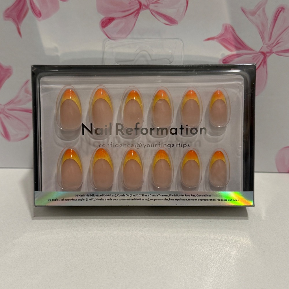 Nail Reformation 32‎ Press On Nails Orange Yellow Sunset Ombre French Tip Almond
